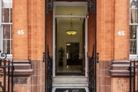 Serviced office building entrance at 45 Pont Street in Knightsbridge.
