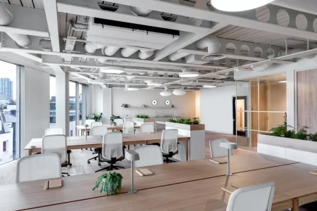 Innovative office refurbishment with raw yet calming interiors at the managed offices in 79 Clerkenwell Road.